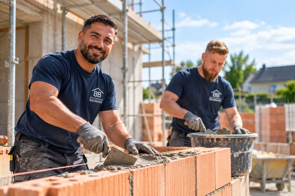 Zwei Baumann-Mitarbeiter arbeiten gemeinsam an einer Mauer auf einer Wohnhausbaustelle.