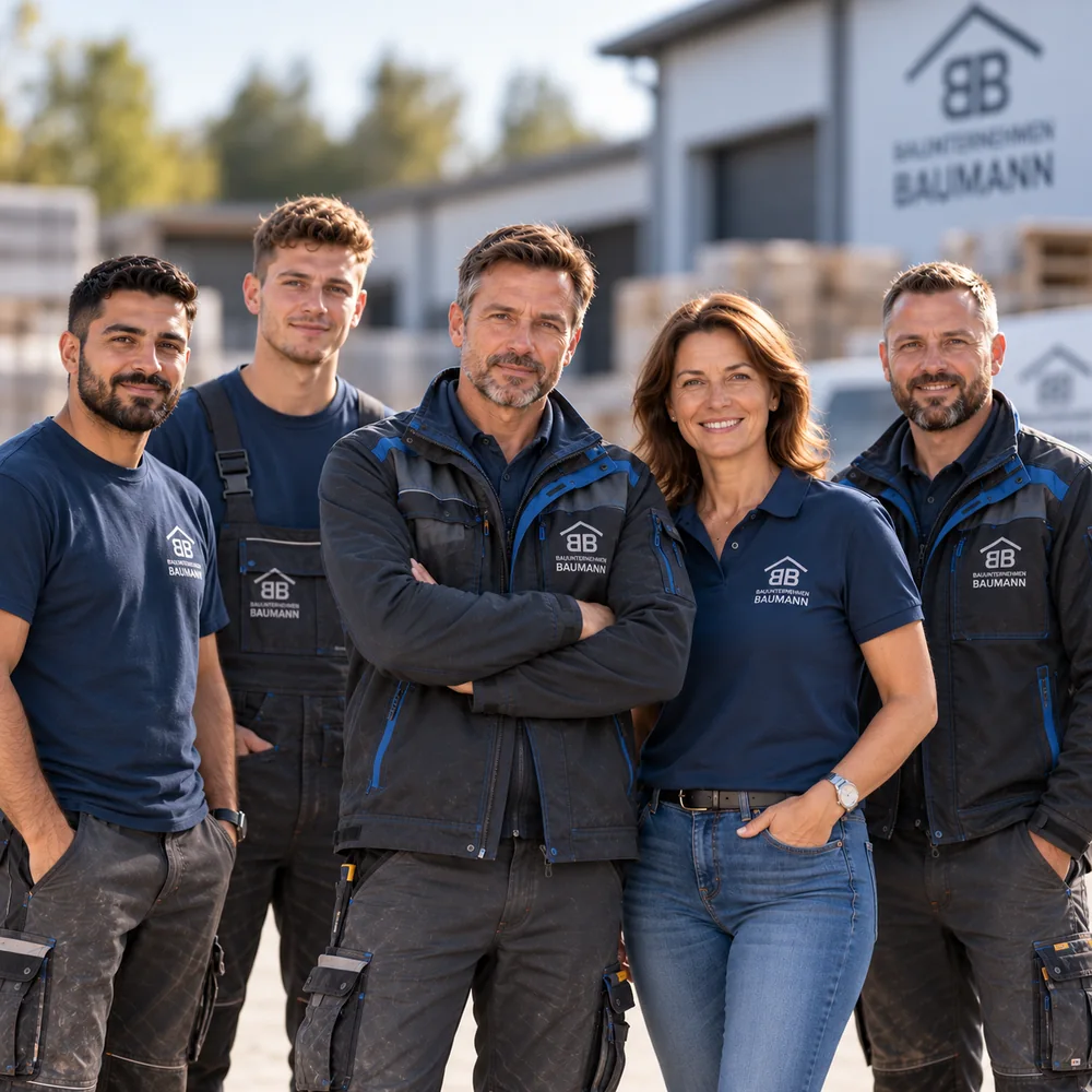 Die Baumann-Familie und drei Mitarbeiter vor dem gemeinsamen Betriebshof.